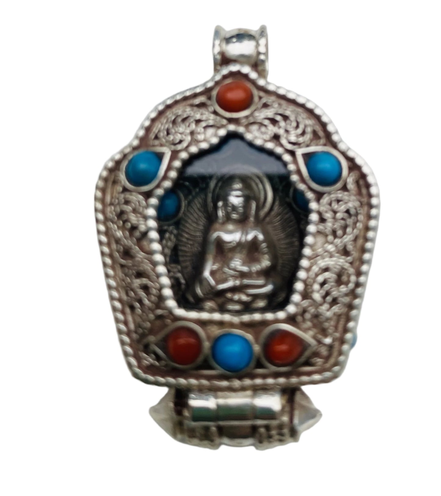 Tibetan Buddhist Gau Box Pendant with Buddha or Green Tara in Turquoise and Coral 42mm x 34mm