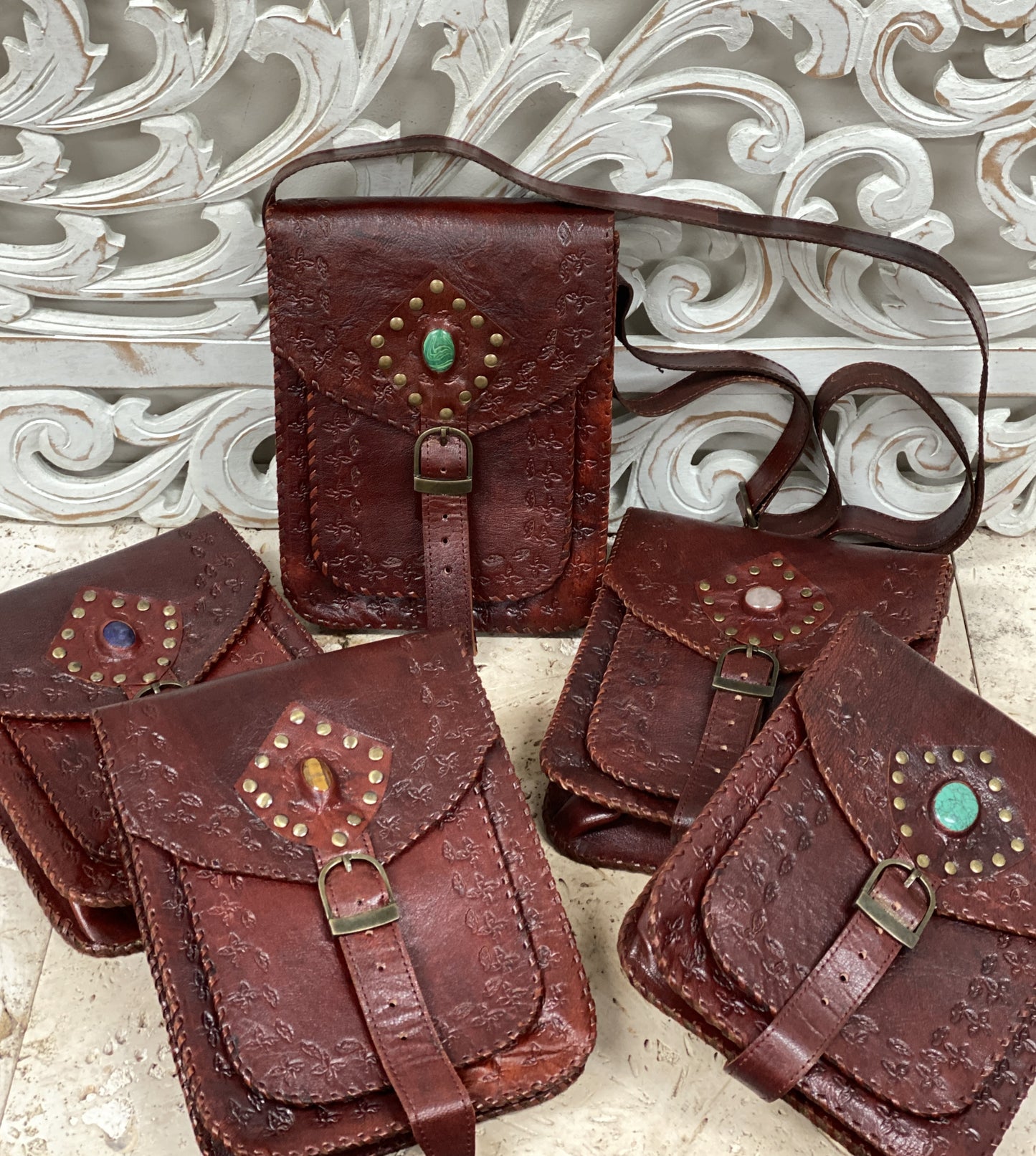 Camel Leather Purse with Gemstones 9" x 7"
