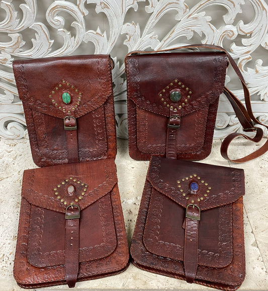Hand Made Camel Leather purse with Gemstones 4 Pockets! 11" x 9"