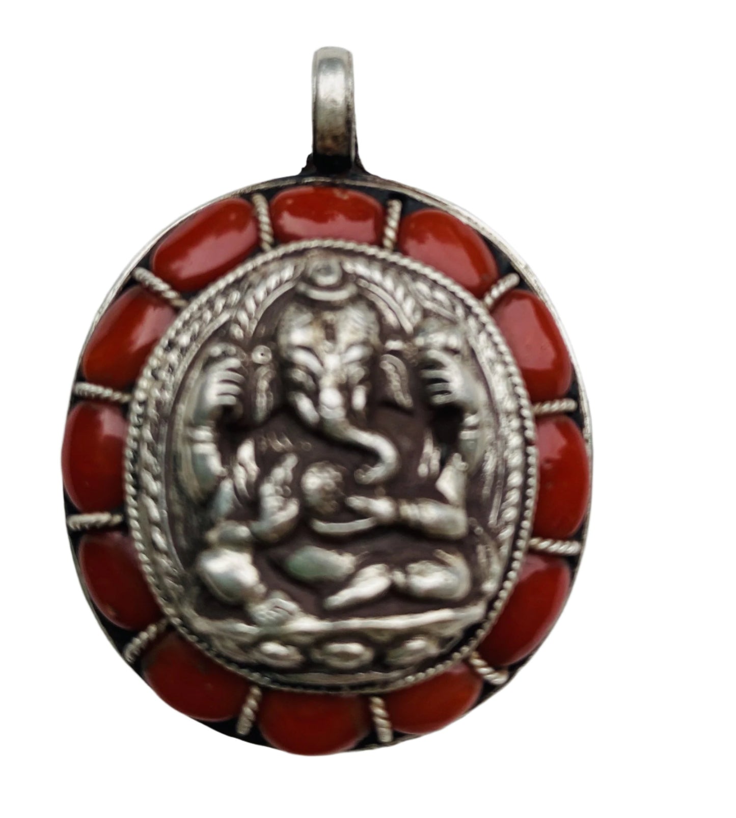 Tibetan Buddhist Gau Pendant in Red Coralwith Ganesh or Buddha