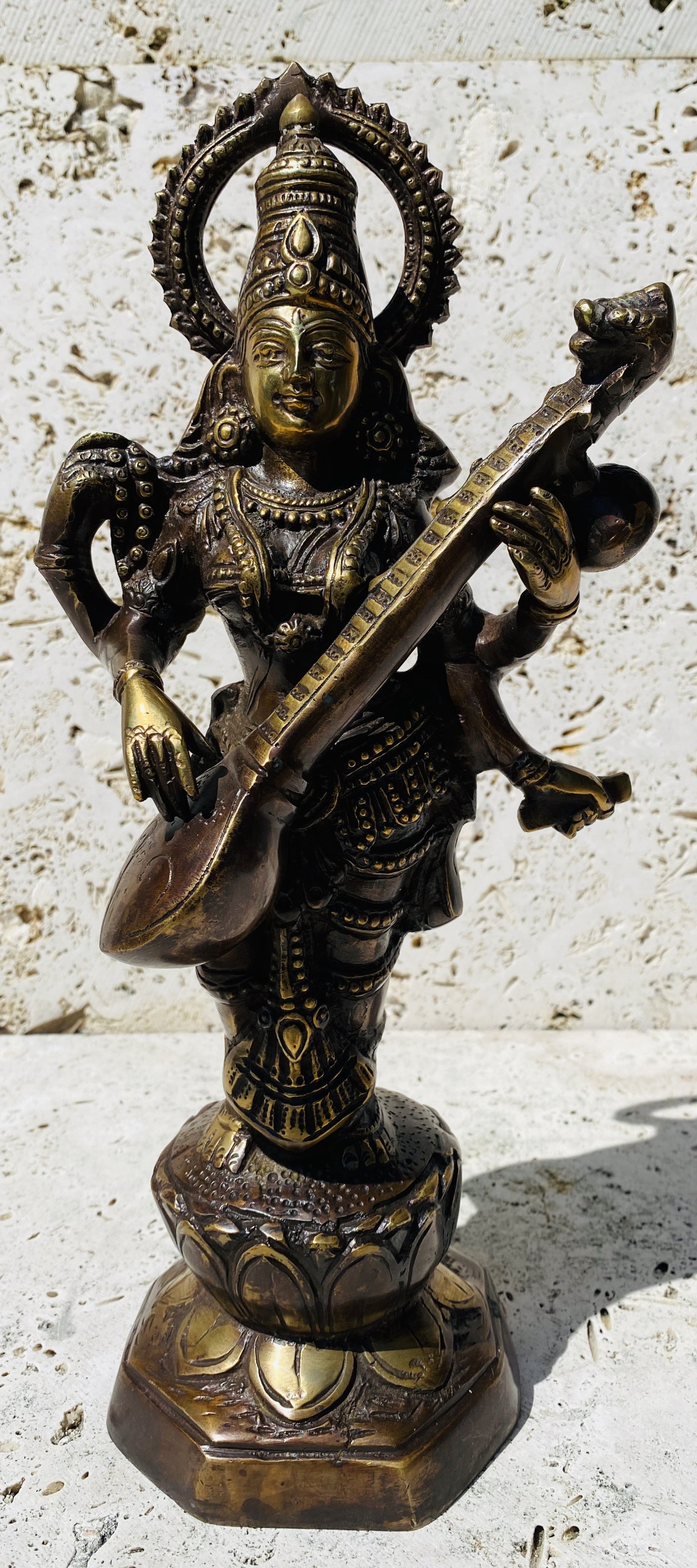 Hand Finished Brass Saraswati Statue - Goddess of Art & Music 36cm x 17cm