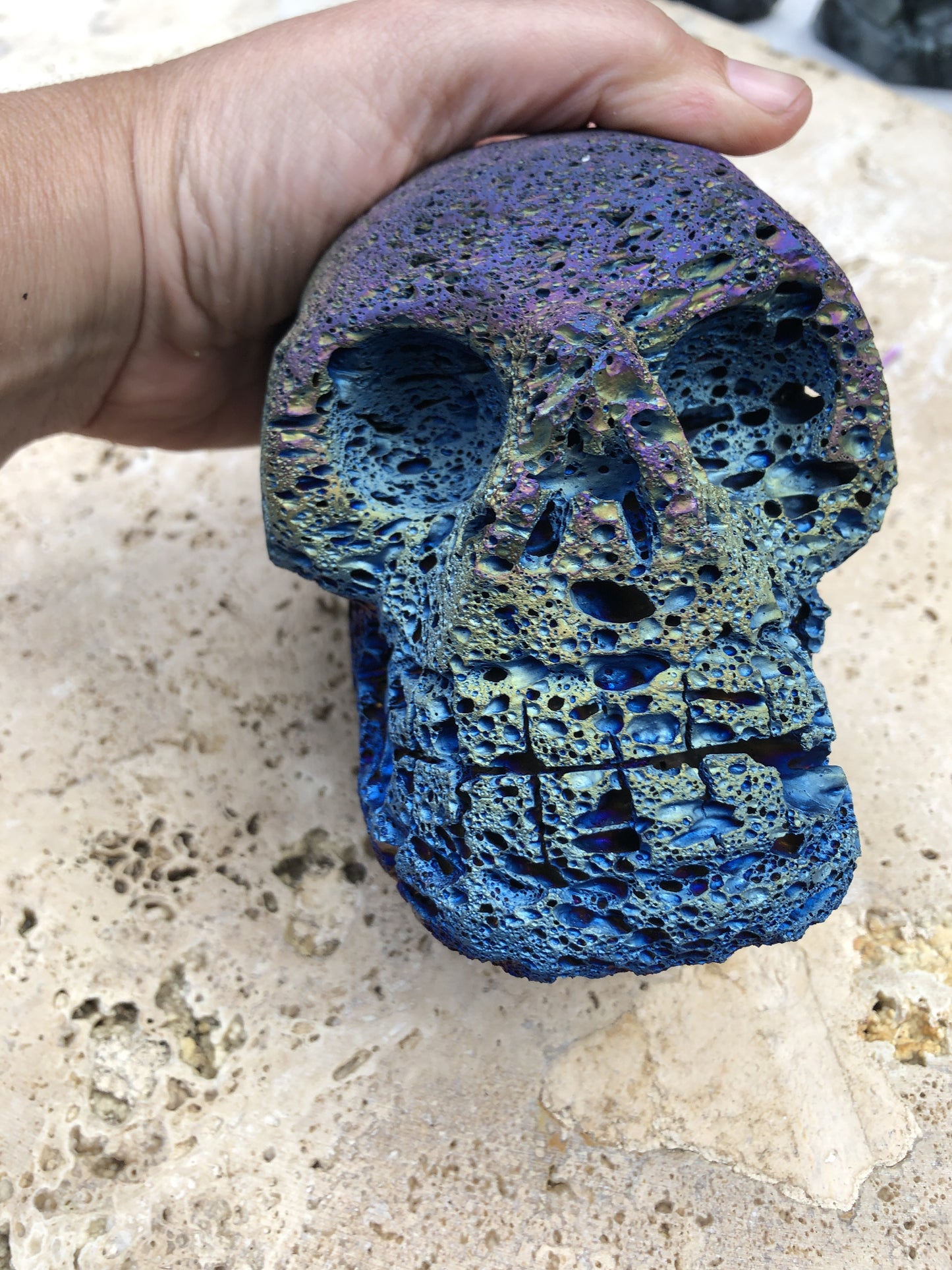 Large Hand Carved Lava Stone Skulls with Titanium coating