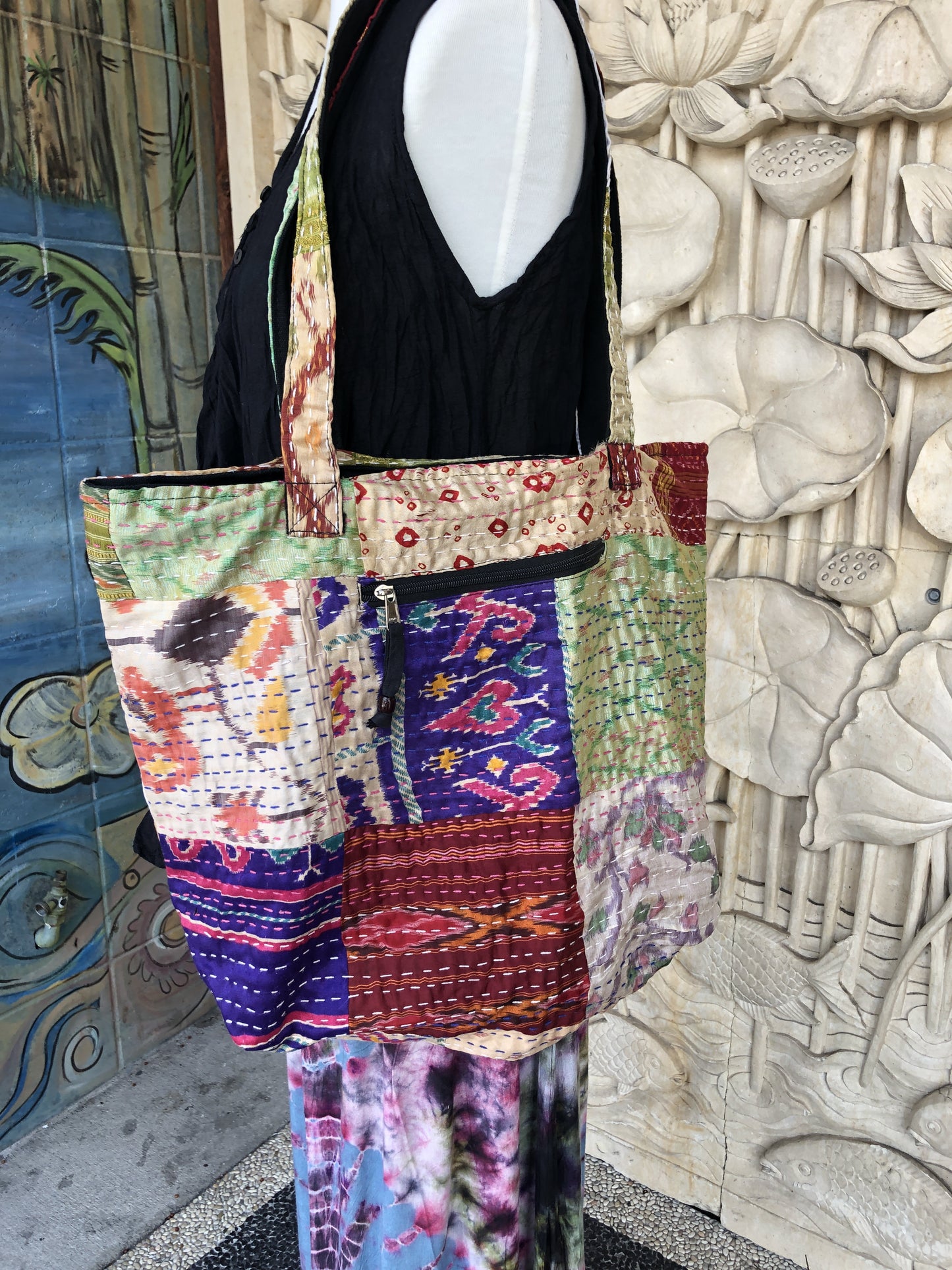Hand Sewn Kantha Recycled Silk Patchwork Market bag Purse XL