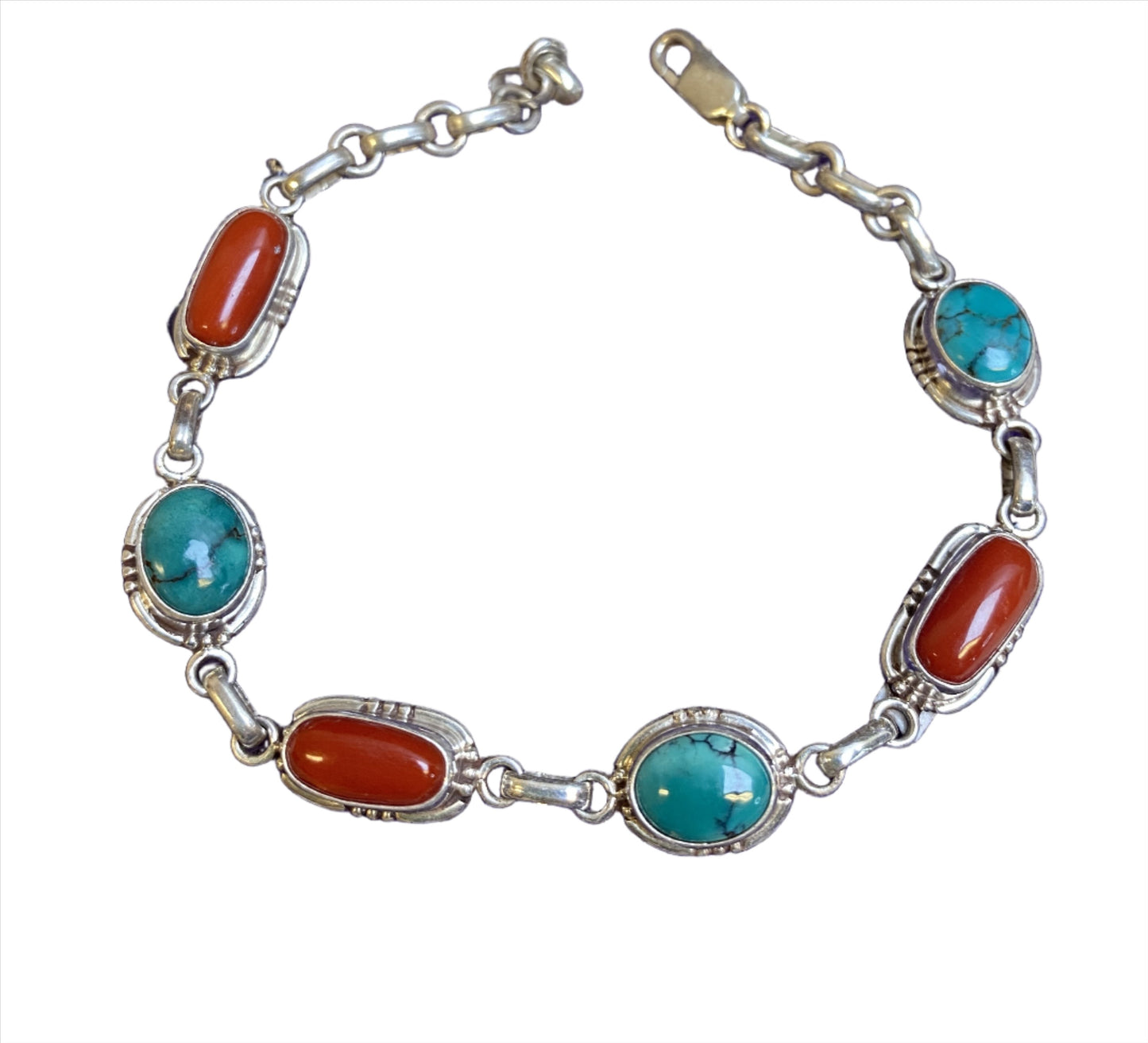 Sterling Silver Turquoise & Red Coral Bracelet