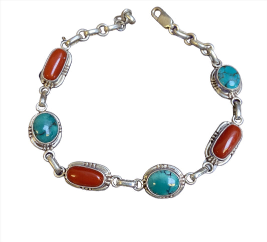 Sterling Silver Turquoise & Red Coral Bracelet