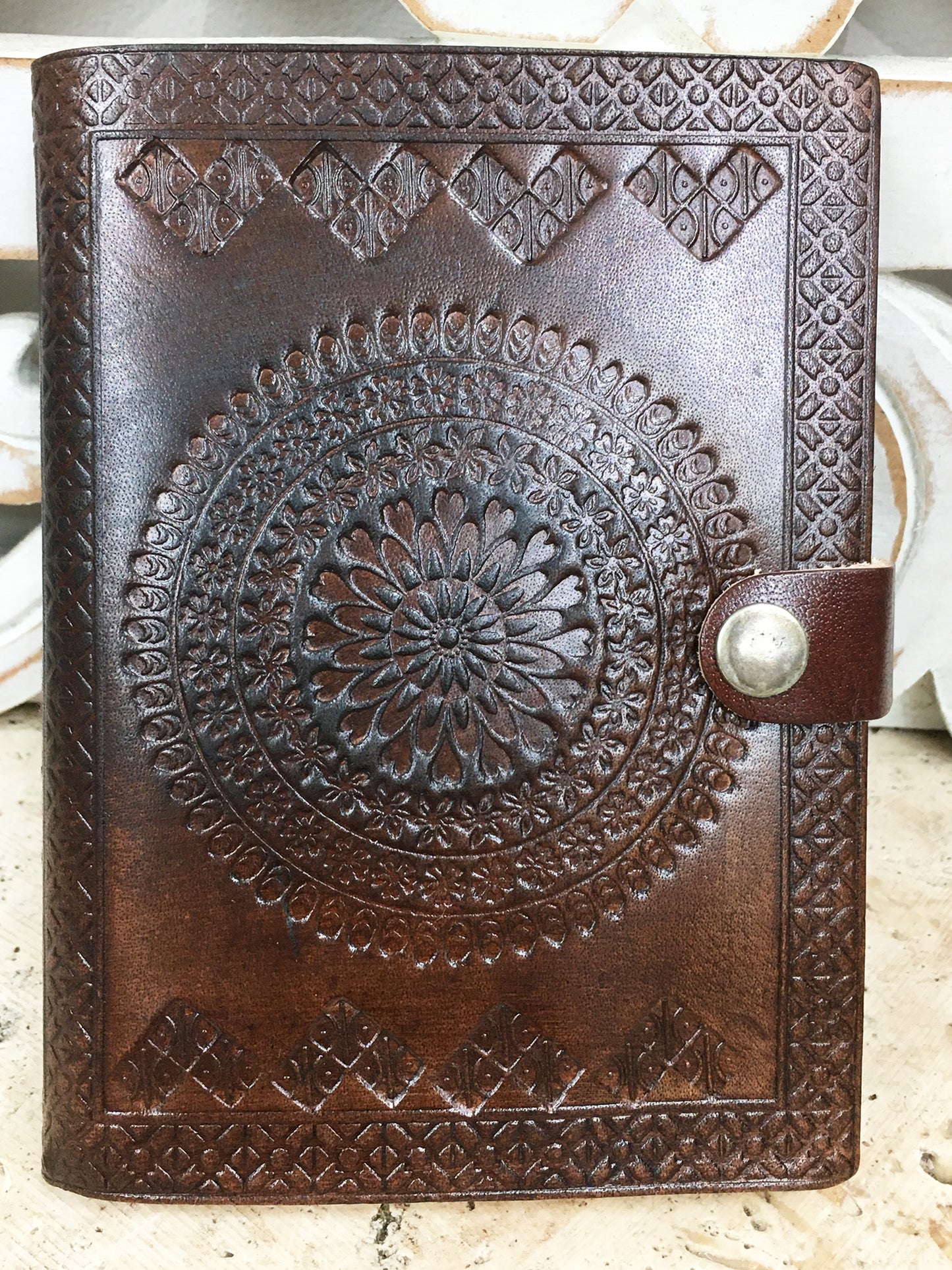 Hand Embossed Camel leather Journal with button close - Available in 7 Designs 4.5" x 6