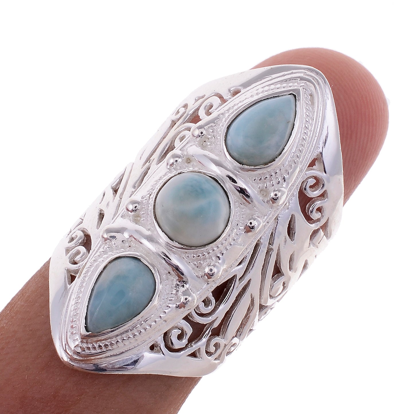 Sterling Silver Hand Cut Jayli Work 3 stone Ring _ Available in 10 Stones