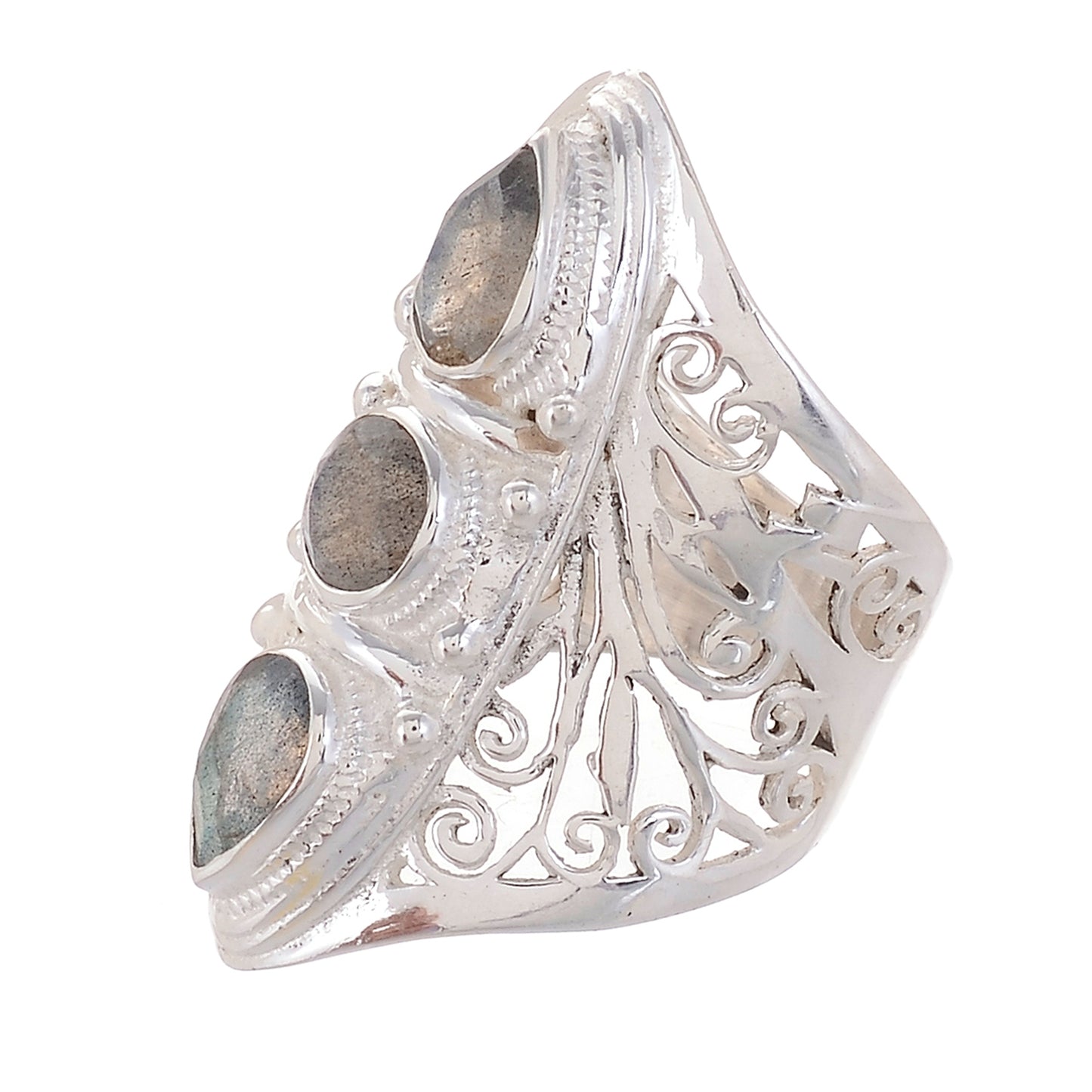 Sterling Silver Hand Cut Jayli Work 3 stone Ring _ Available in 10 Stones