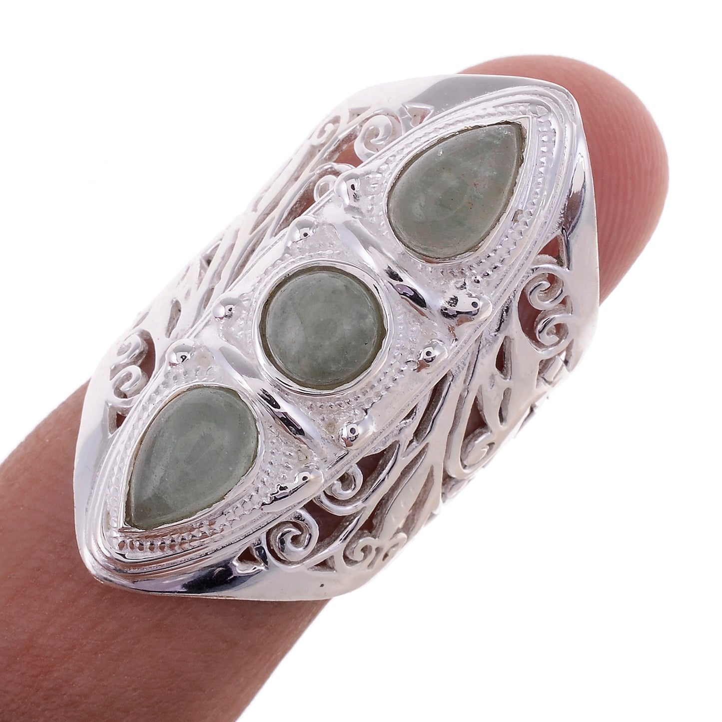 Sterling Silver Hand Cut Jayli Work 3 stone Ring _ Available in 10 Stones