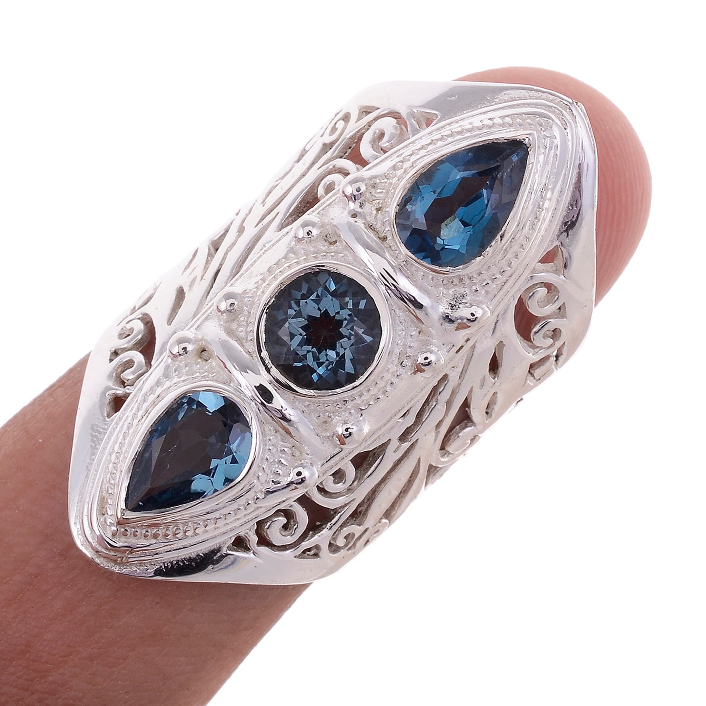 Sterling Silver Hand Cut Jayli Work 3 stone Ring _ Available in 10 Stones