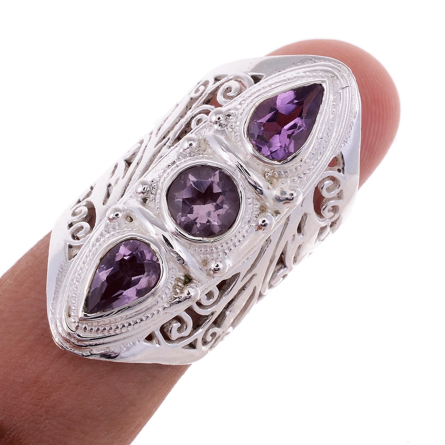 Sterling Silver Hand Cut Jayli Work 3 stone Ring _ Available in 10 Stones