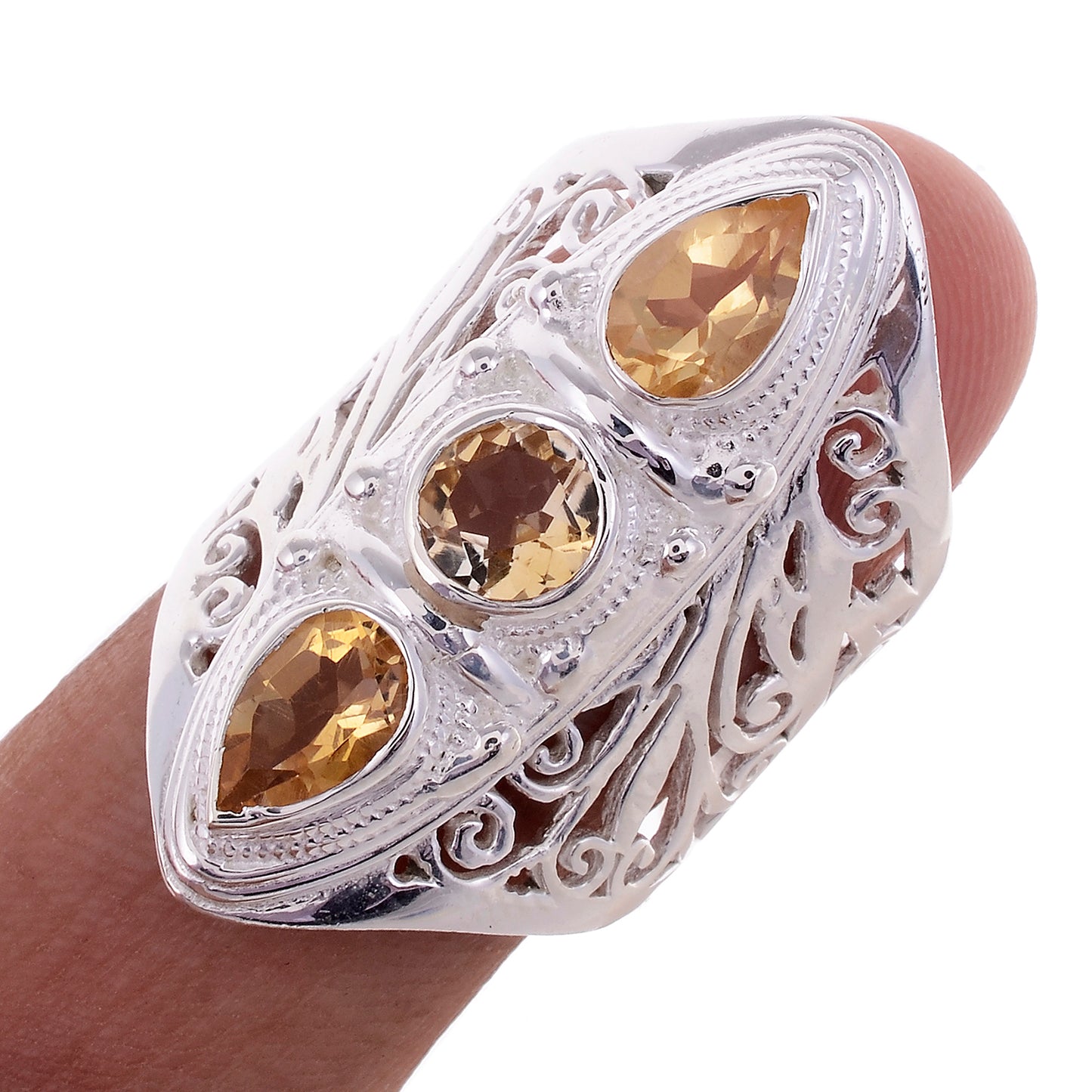 Sterling Silver Hand Cut Jayli Work 3 stone Ring _ Available in 10 Stones