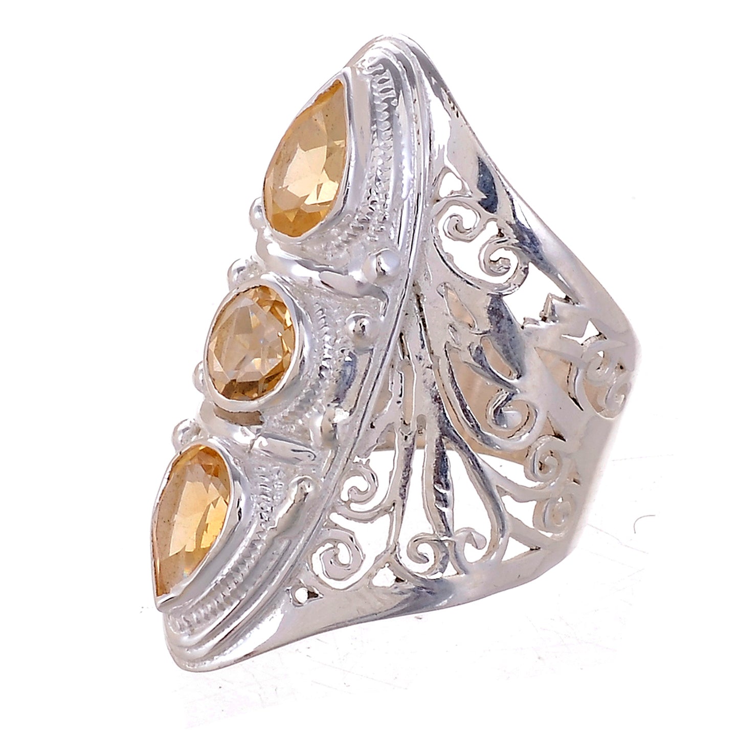 Sterling Silver Hand Cut Jayli Work 3 stone Ring _ Available in 10 Stones
