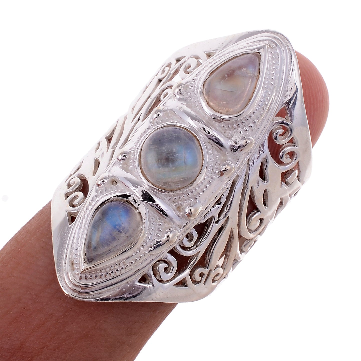 Sterling Silver Hand Cut Jayli Work 3 stone Ring _ Available in 10 Stones
