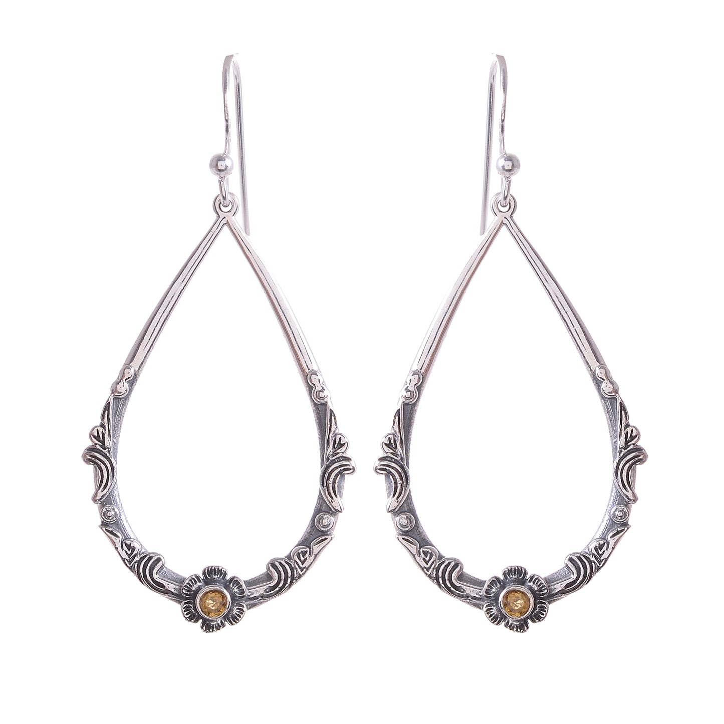Sterling Silver Hand Carved Flower & Vine Gemstone Earrings