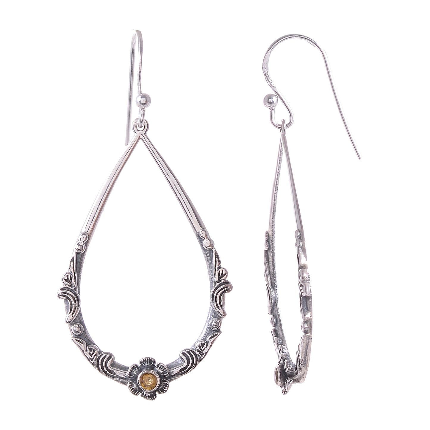 Sterling Silver Hand Carved Flower & Vine Gemstone Earrings