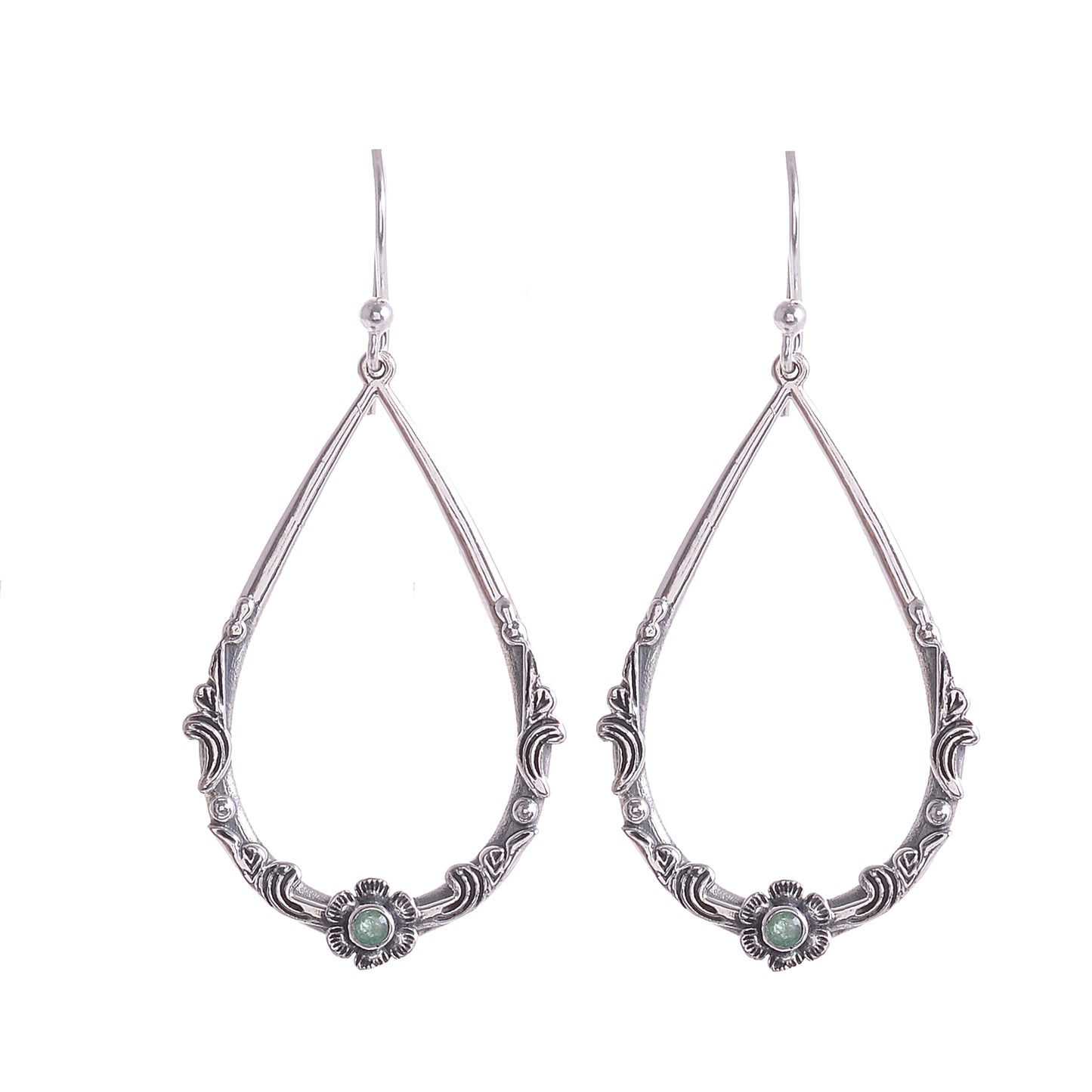 Sterling Silver Hand Carved Flower & Vine Gemstone Earrings