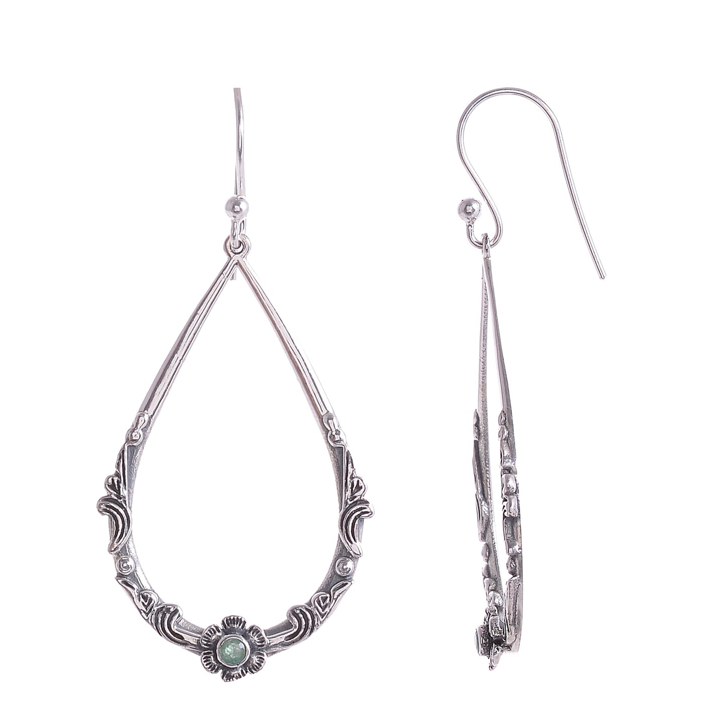 Sterling Silver Hand Carved Flower & Vine Gemstone Earrings