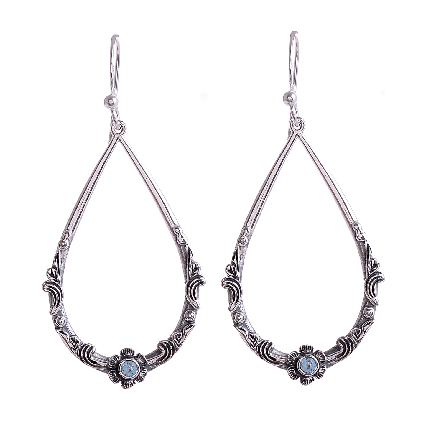 Sterling Silver Hand Carved Flower & Vine Gemstone Earrings