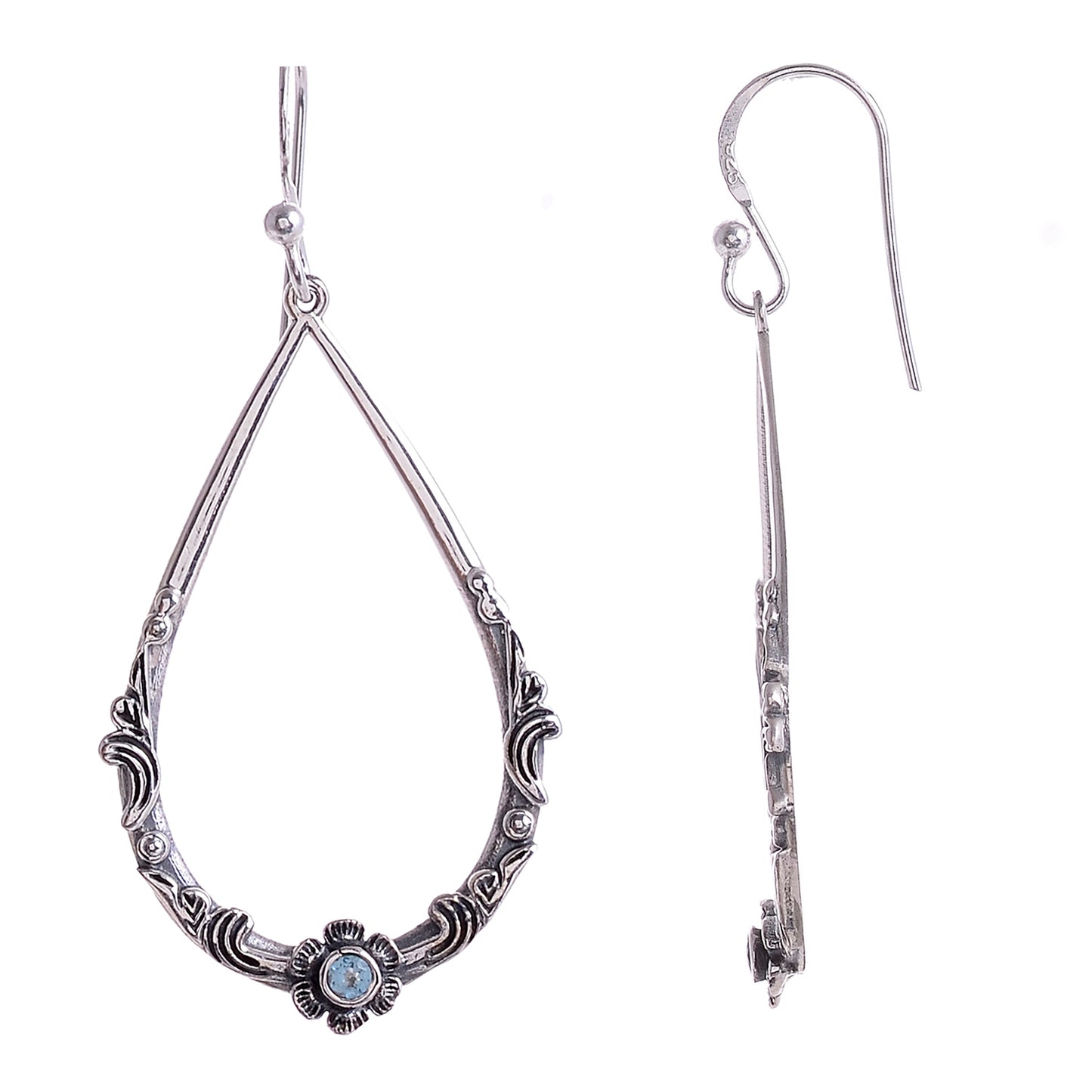 Sterling Silver Hand Carved Flower & Vine Gemstone Earrings