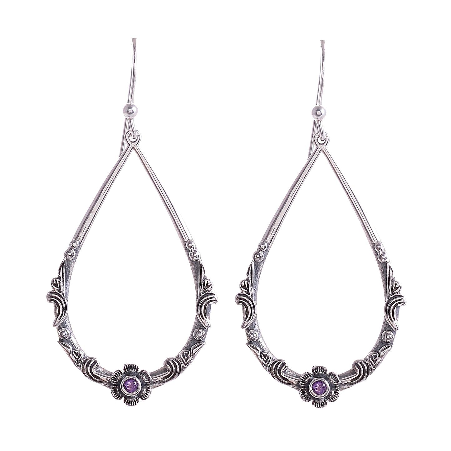 Sterling Silver Hand Carved Flower & Vine Gemstone Earrings