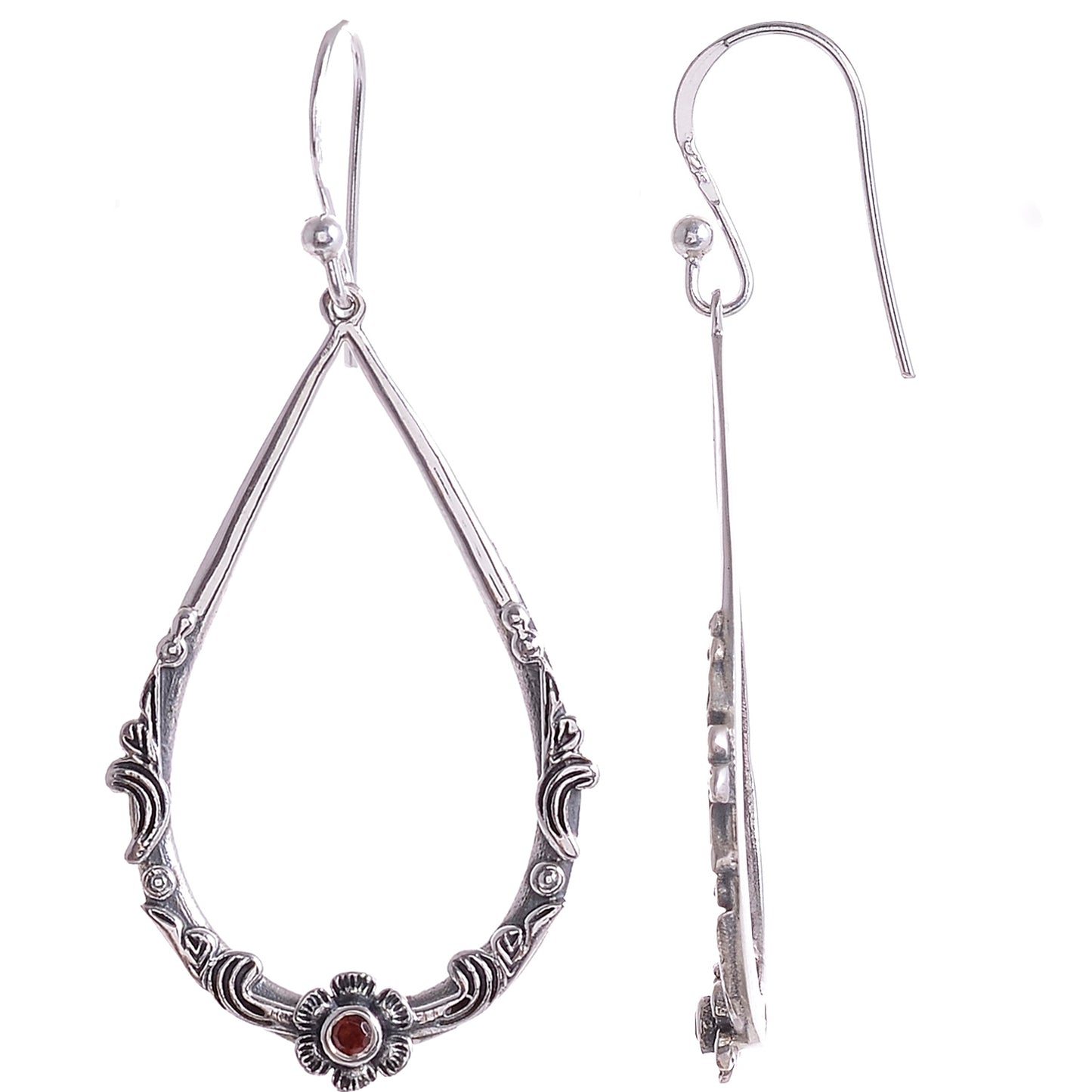 Sterling Silver Hand Carved Flower & Vine Gemstone Earrings