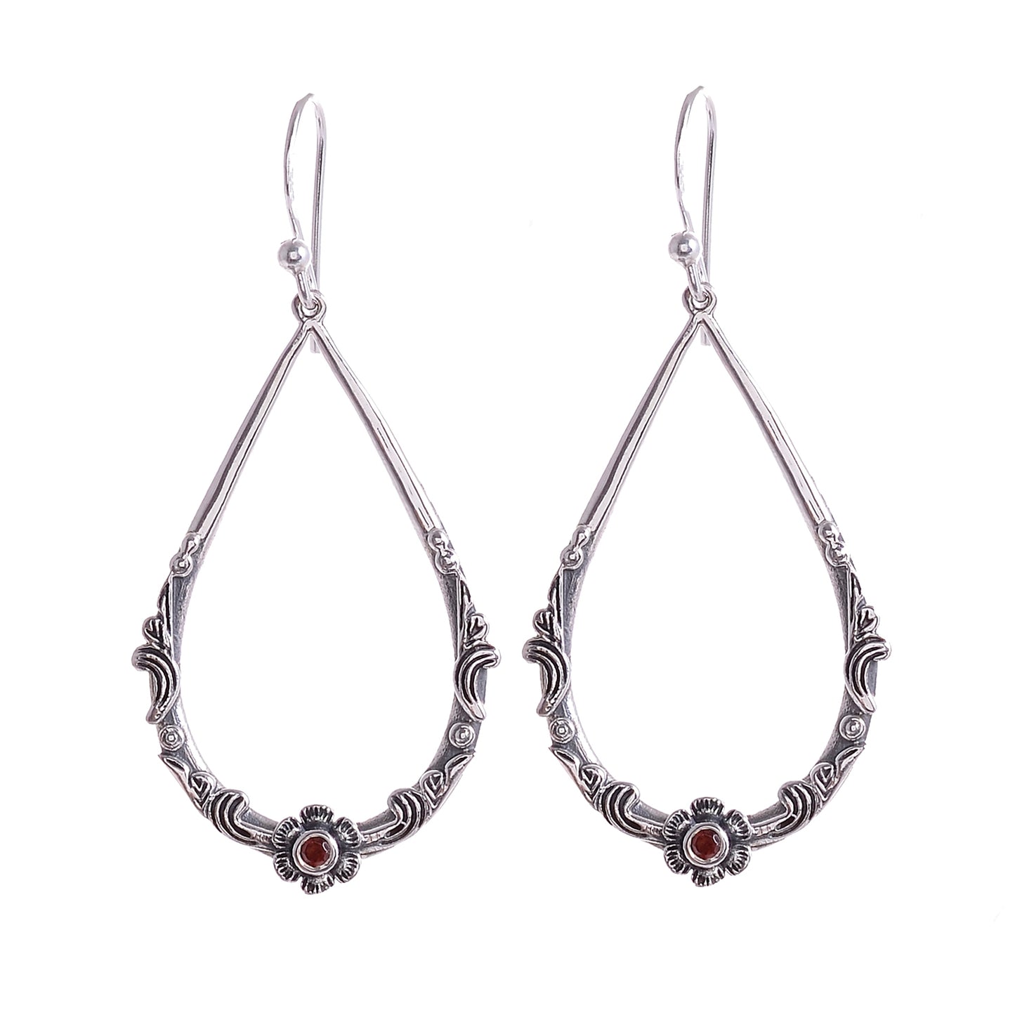 Sterling Silver Hand Carved Flower & Vine Gemstone Earrings