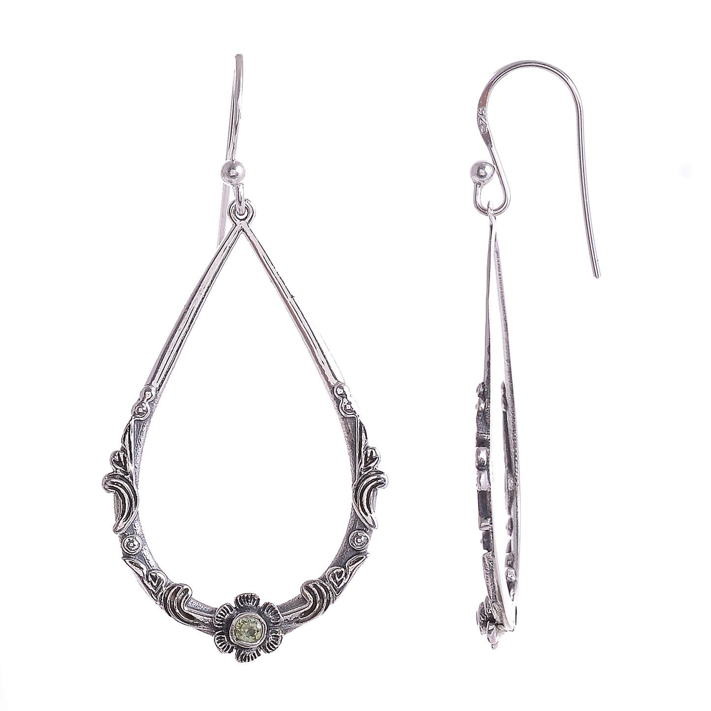 Sterling Silver Hand Carved Flower & Vine Gemstone Earrings