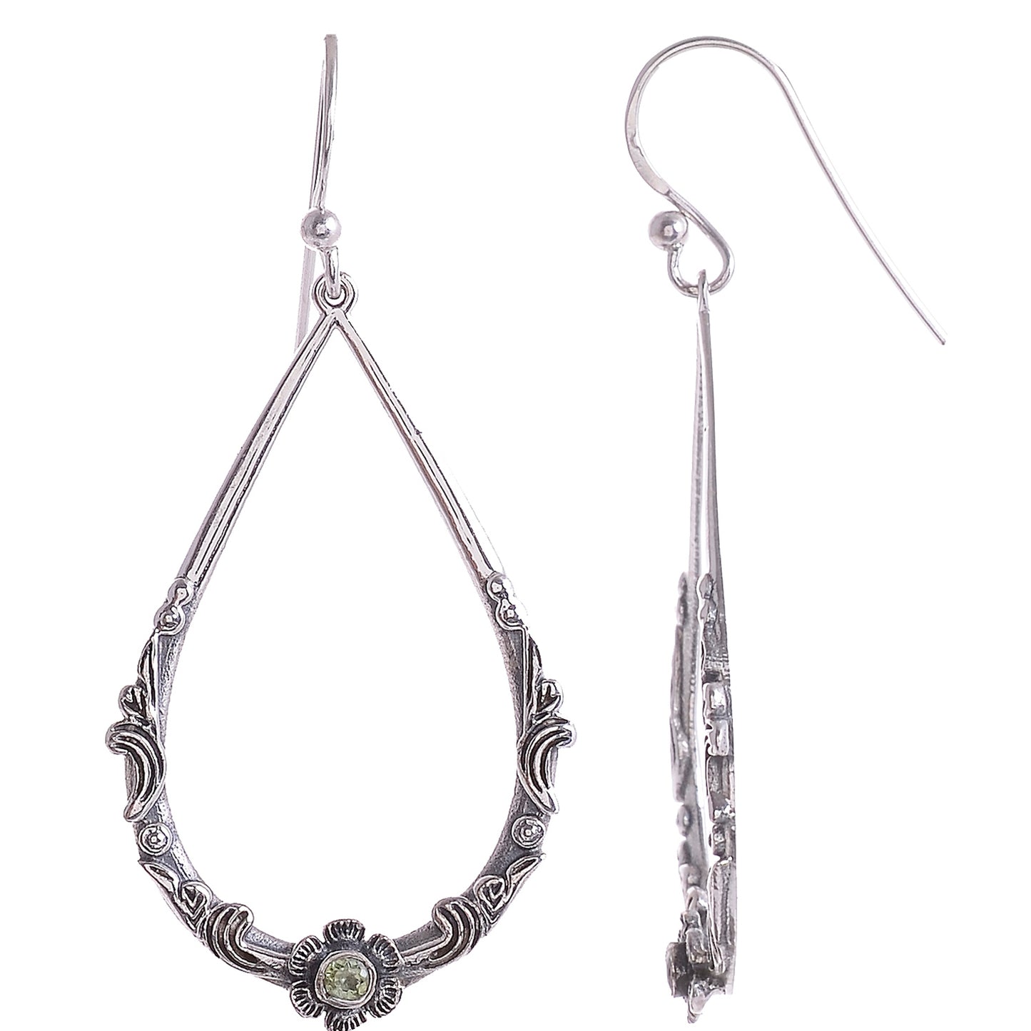 Sterling Silver Hand Carved Flower & Vine Gemstone Earrings