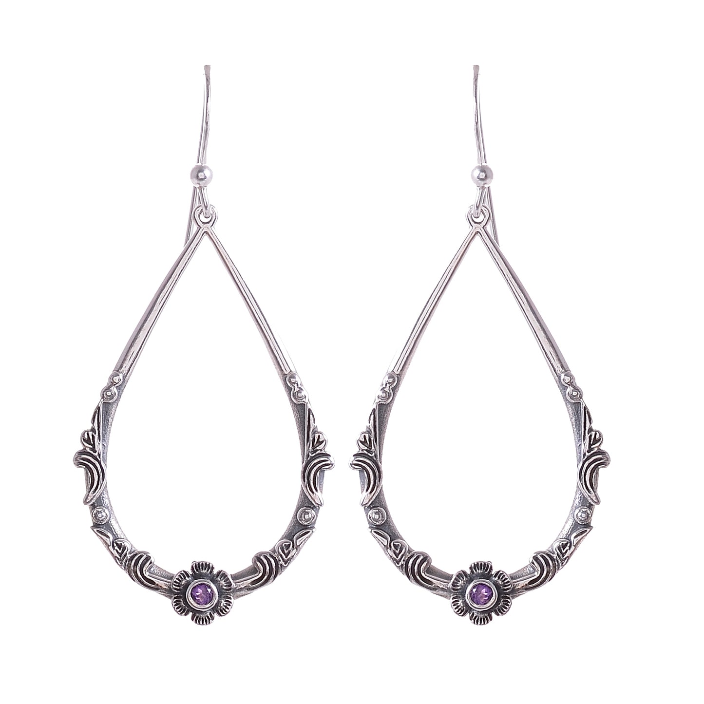 Sterling Silver Hand Carved Flower & Vine Gemstone Earrings