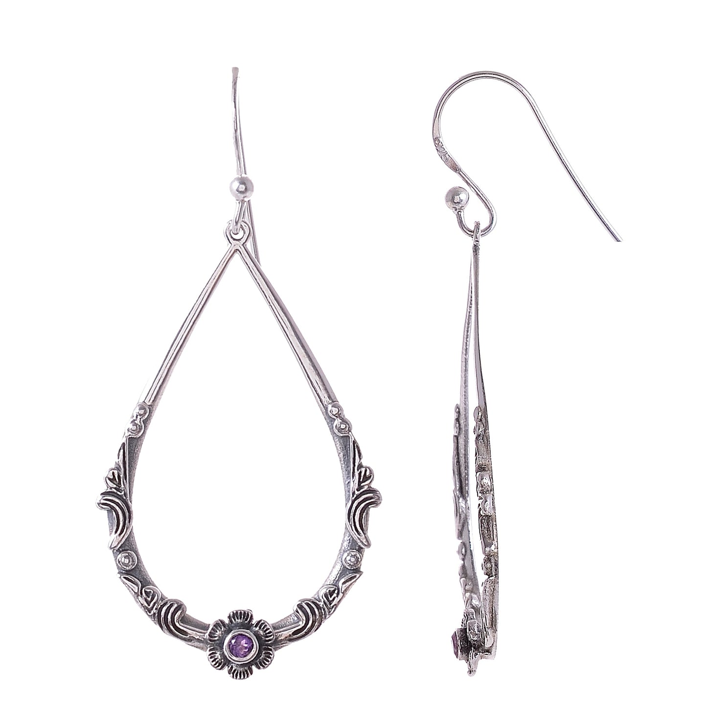 Sterling Silver Hand Carved Flower & Vine Gemstone Earrings