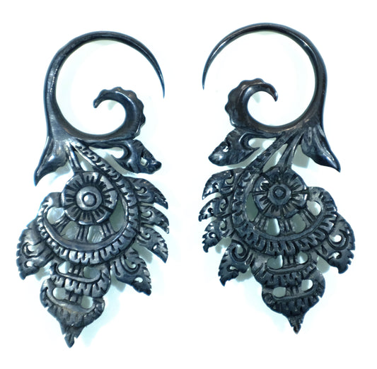Beautifully Detailed Hand Carved Horn Flower Gauged Earrings