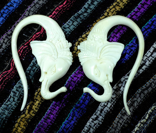 Beautifully Detailed Hand Carved Bone Ganesh Gauged Earrings