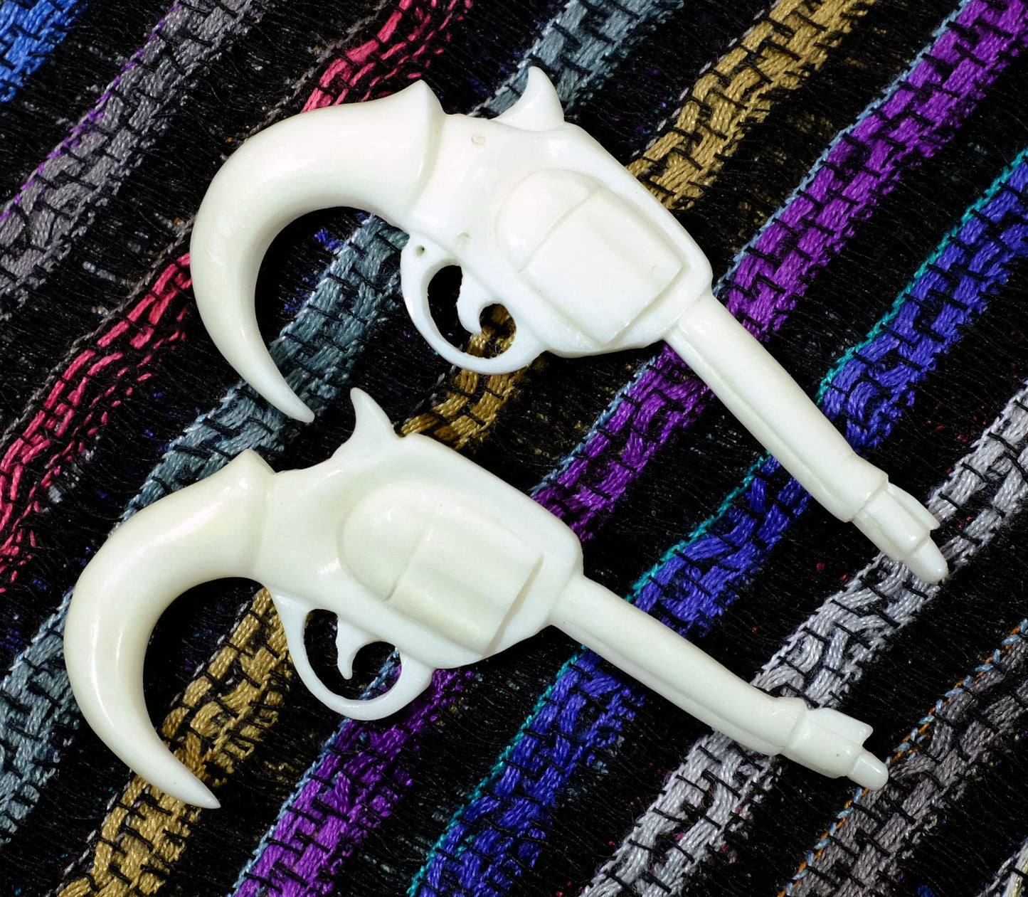 Beautifully Detailed Hand Carved Bone Pistol Gauged Earrings