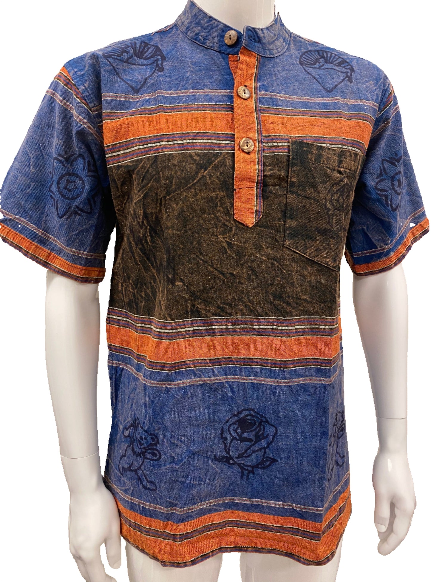 Mens No Collar Short sleeve Shirts with Grateful Dead Hand Block Printing