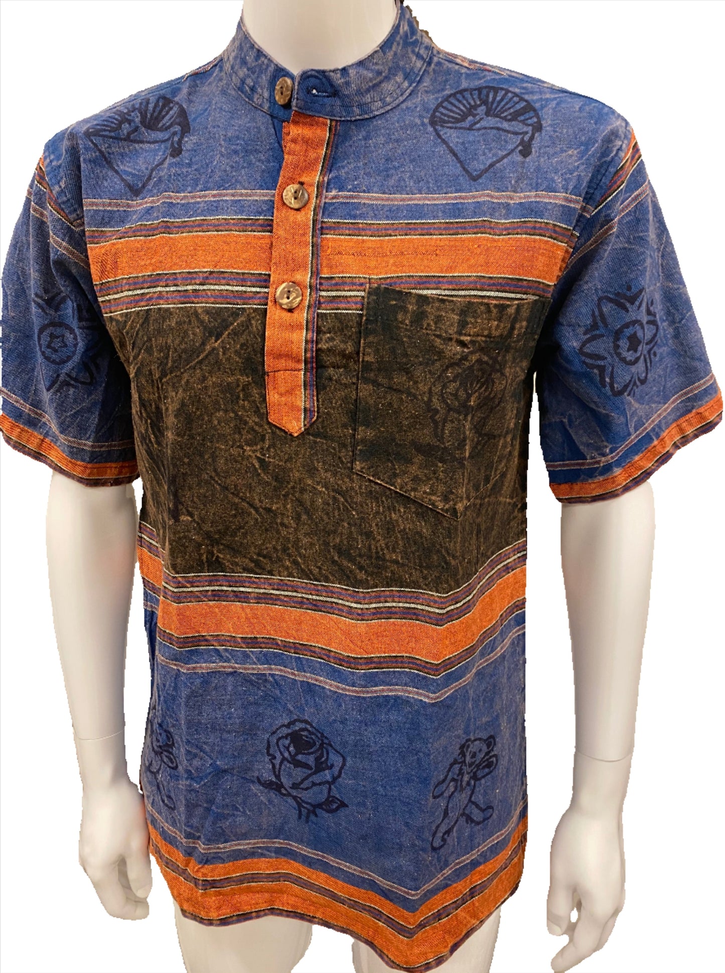 Mens No Collar Short sleeve Shirts with Grateful Dead Hand Block Printing