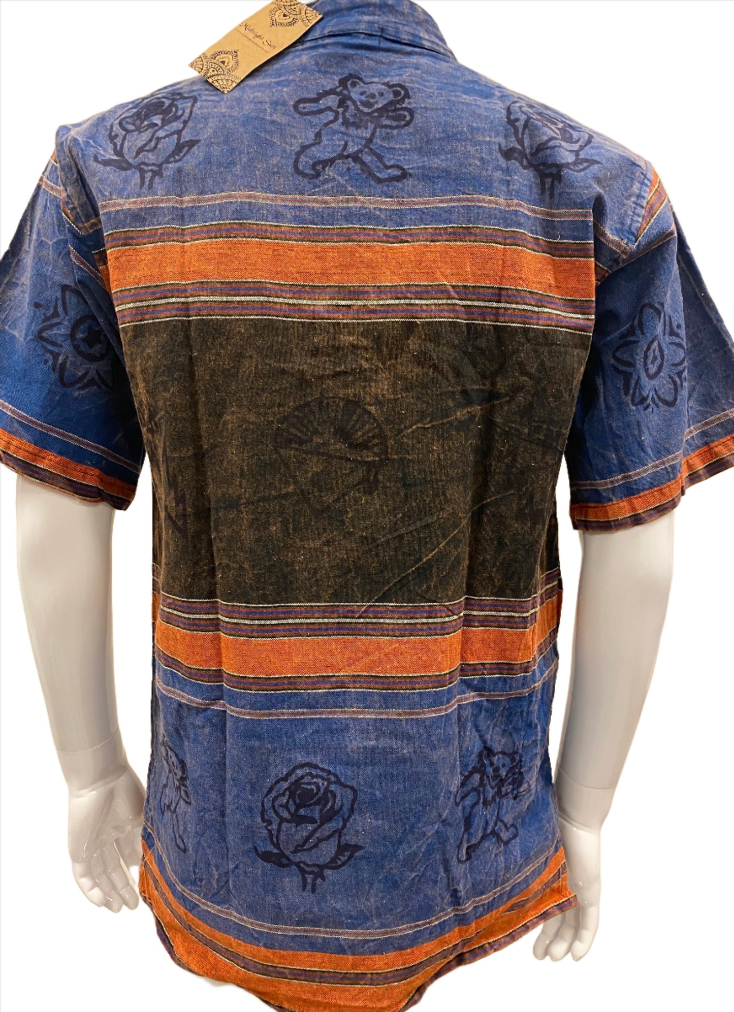 Mens No Collar Short sleeve Shirts with Grateful Dead Hand Block Printing