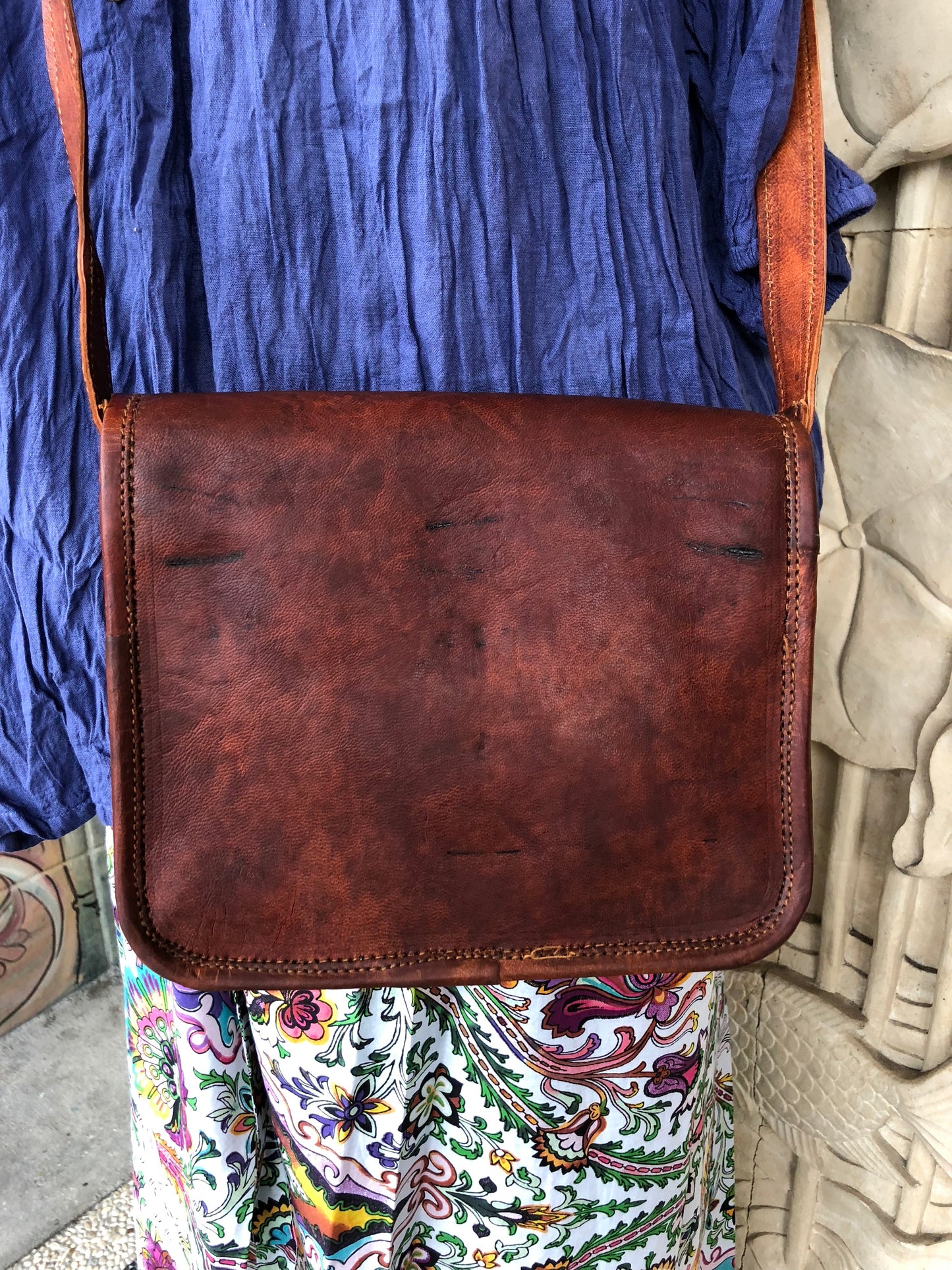 Hand Made Camel Leather bag 11" x 10" 2 pocket top handle