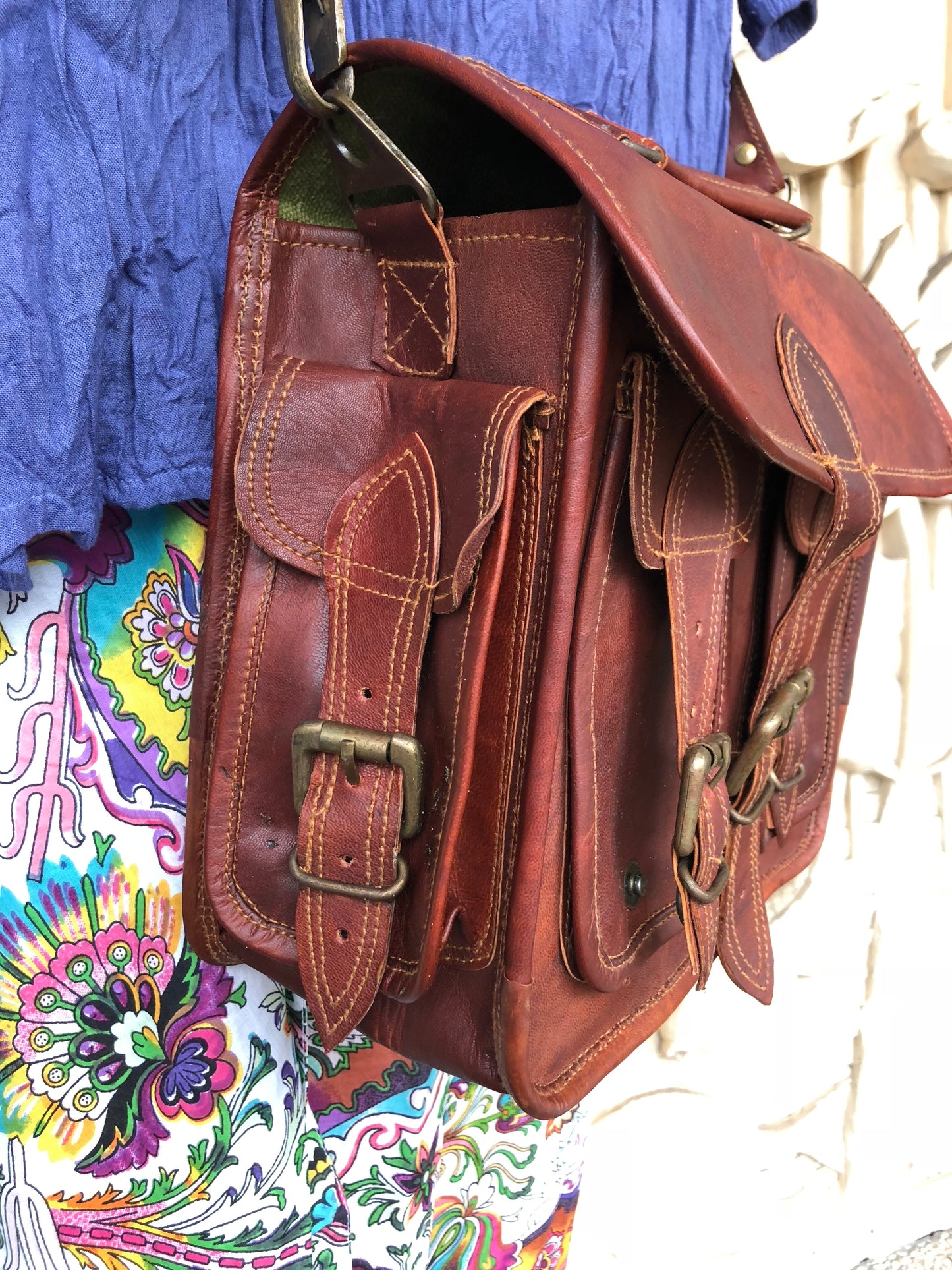Hand Made Camel Leather bag 11" x 10" 2 pocket top handle