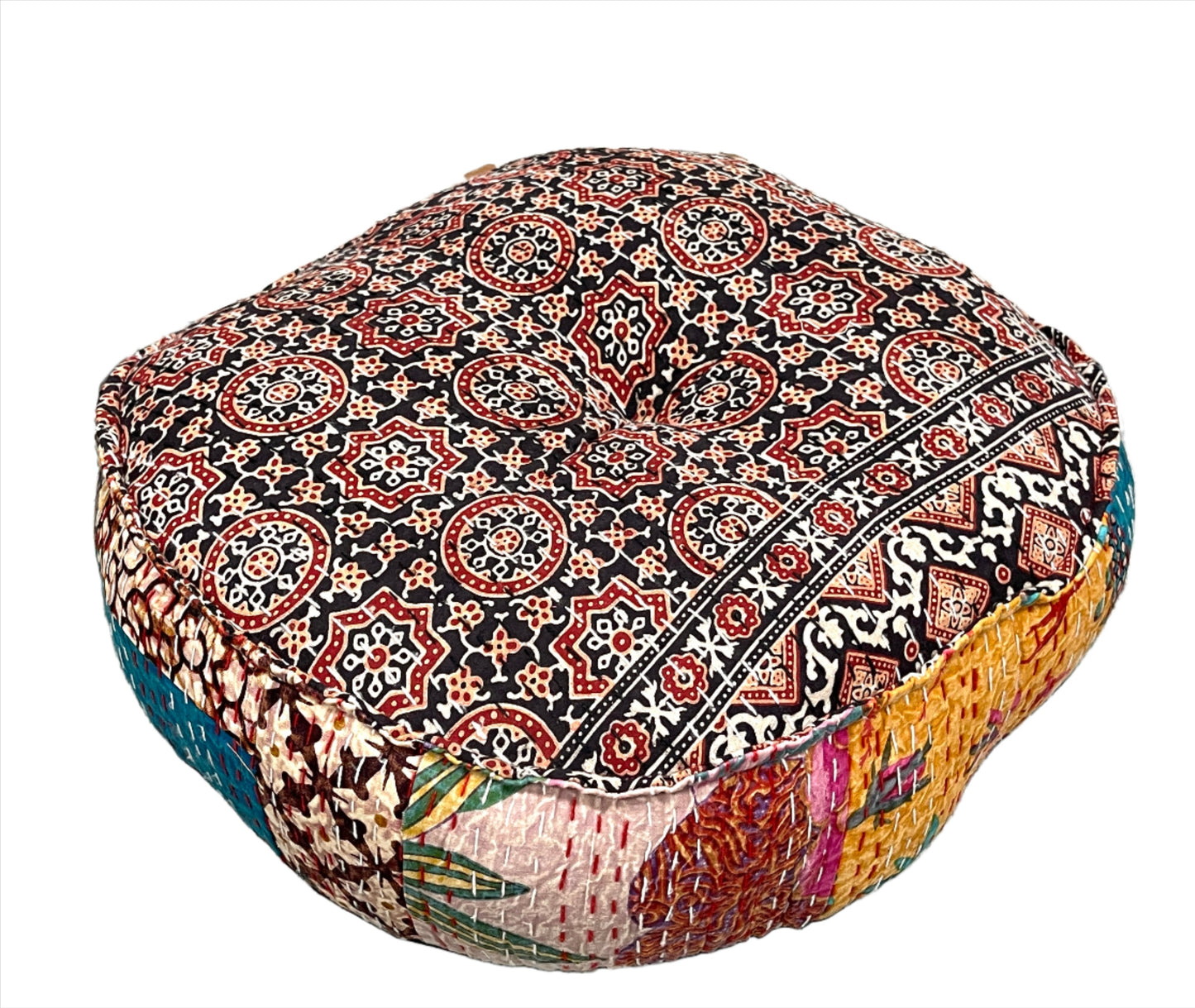 Round Rajasthani Kantha Floor Pillow