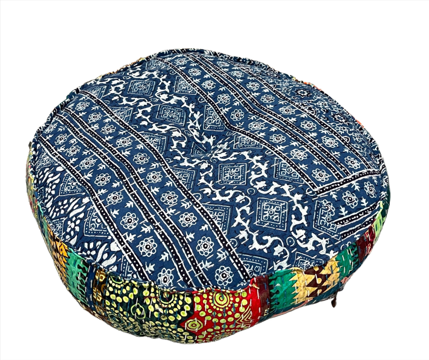 Round Rajasthani Kantha Floor Pillow