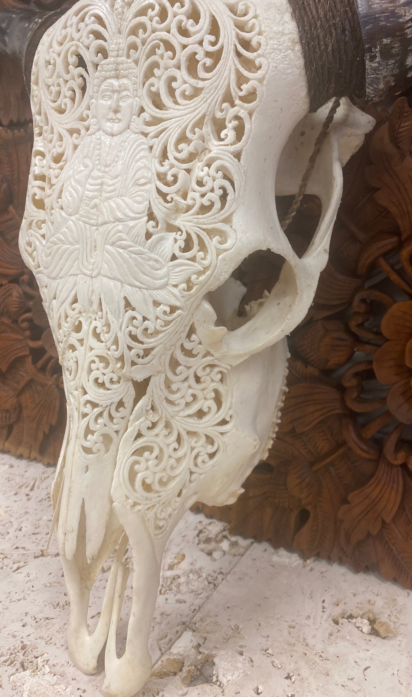 Intricately Carved Buffalo Skulls with Buddha