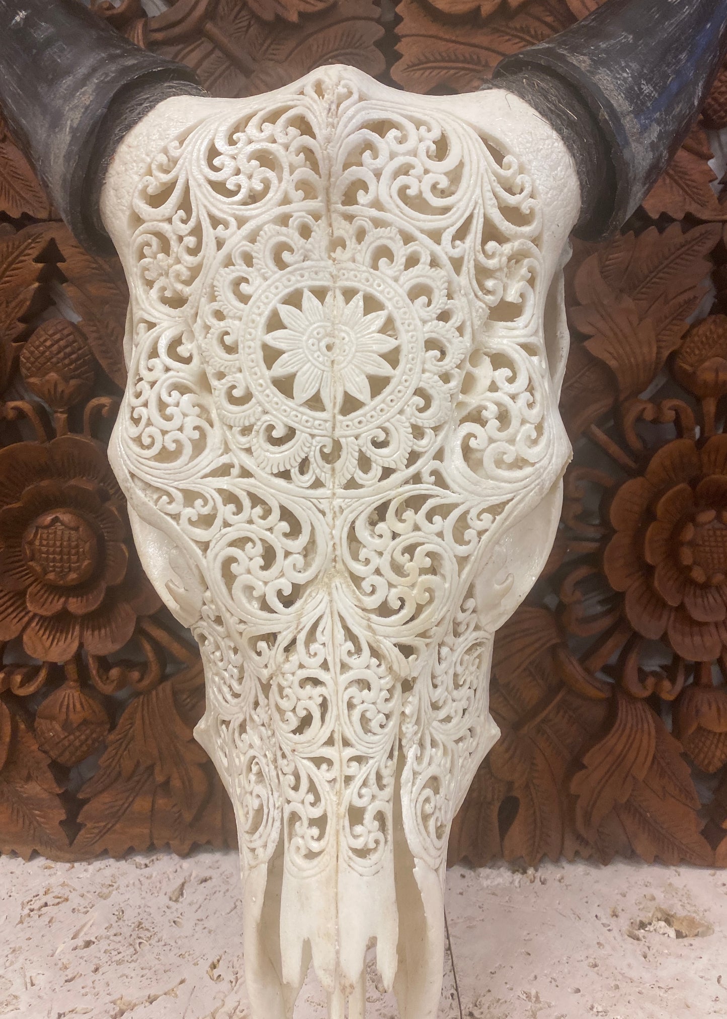 Intricately Carved Buffalo Skull Mandala