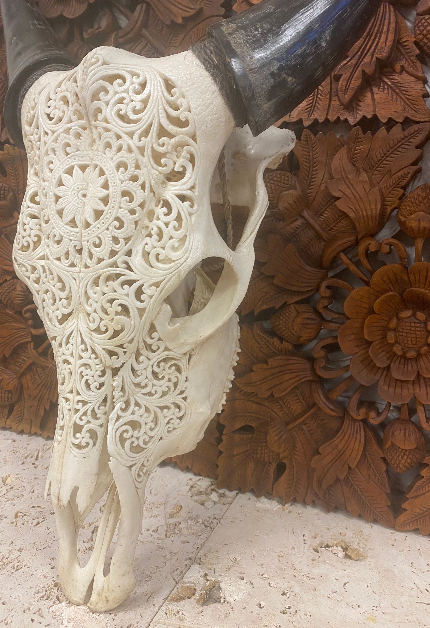 Intricately Carved Buffalo Skull Mandala