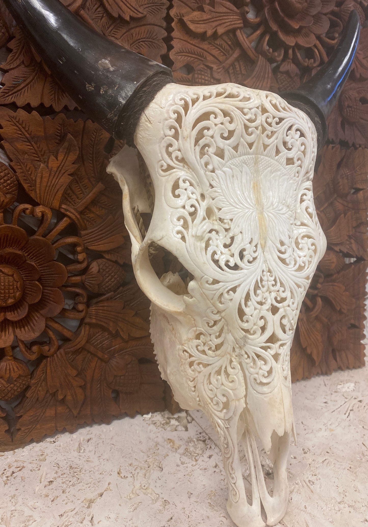 Intricately Carved Buffalo Skulls Lotus