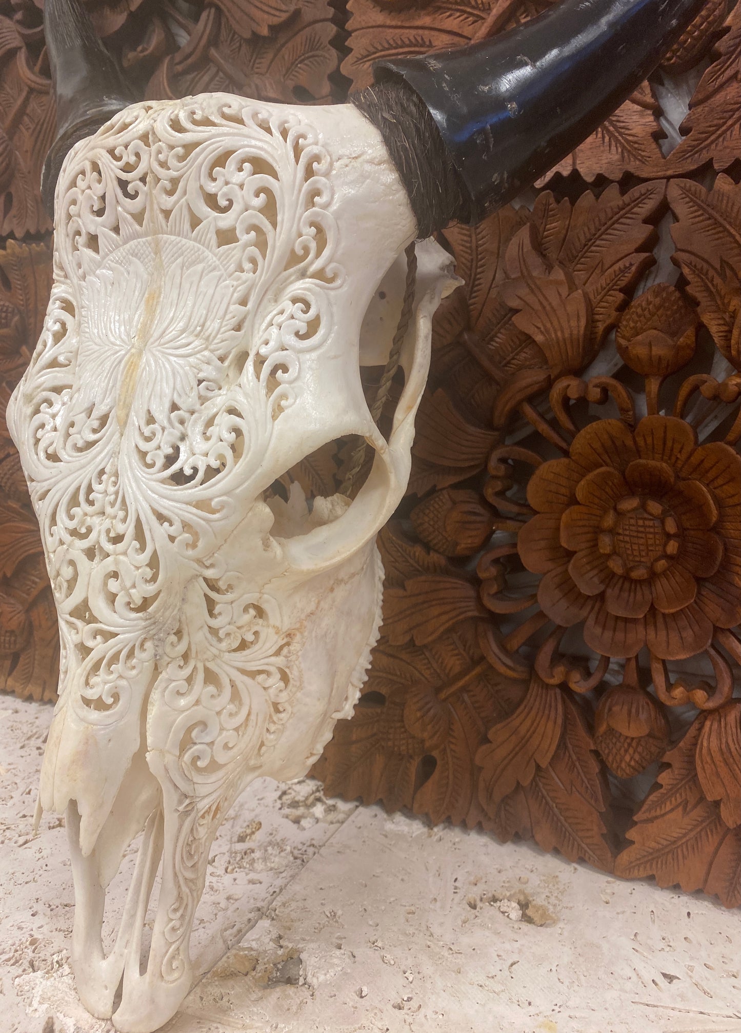 Intricately Carved Buffalo Skulls Lotus