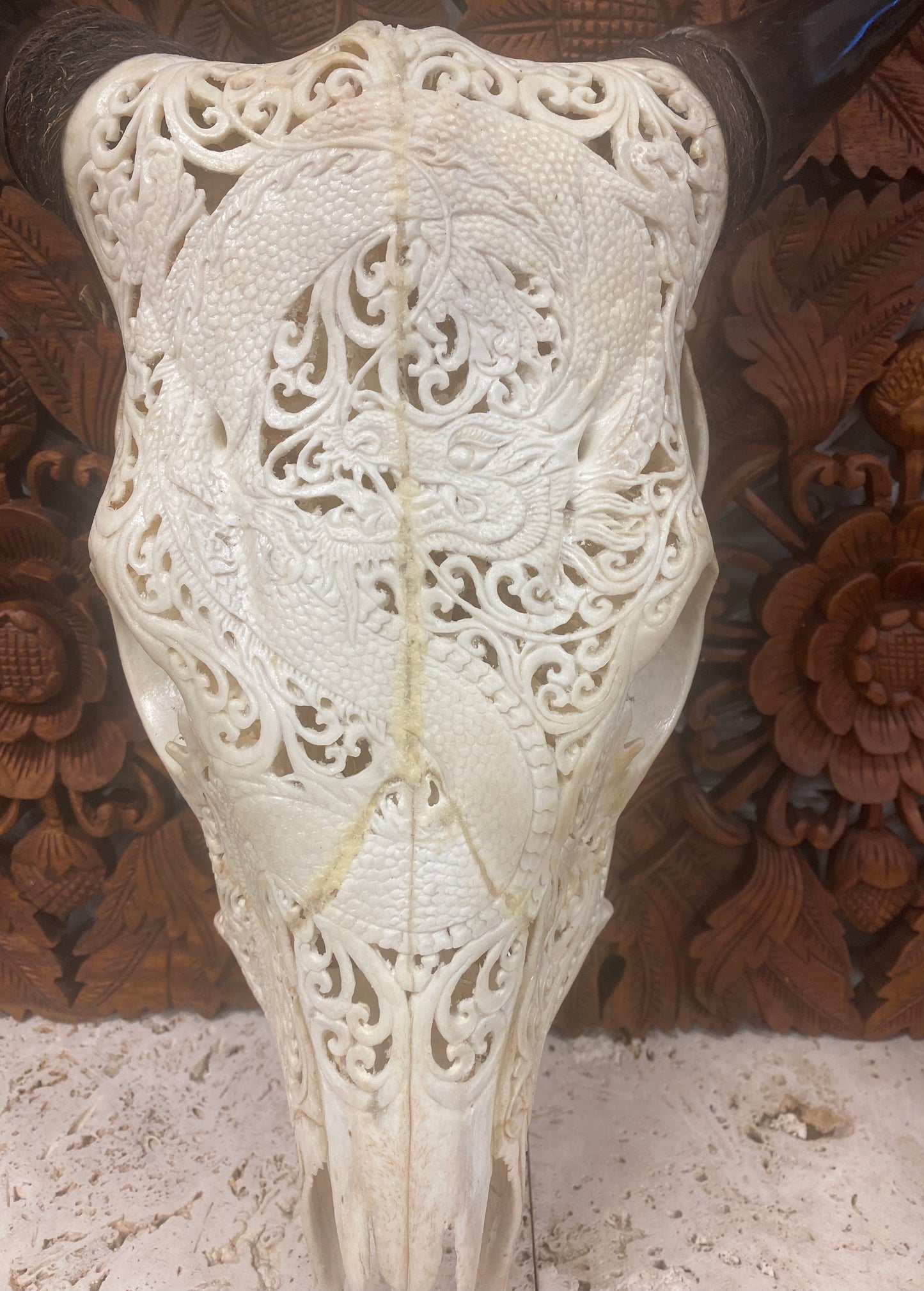 Intricately Carved Buffalo Skulls Dragons