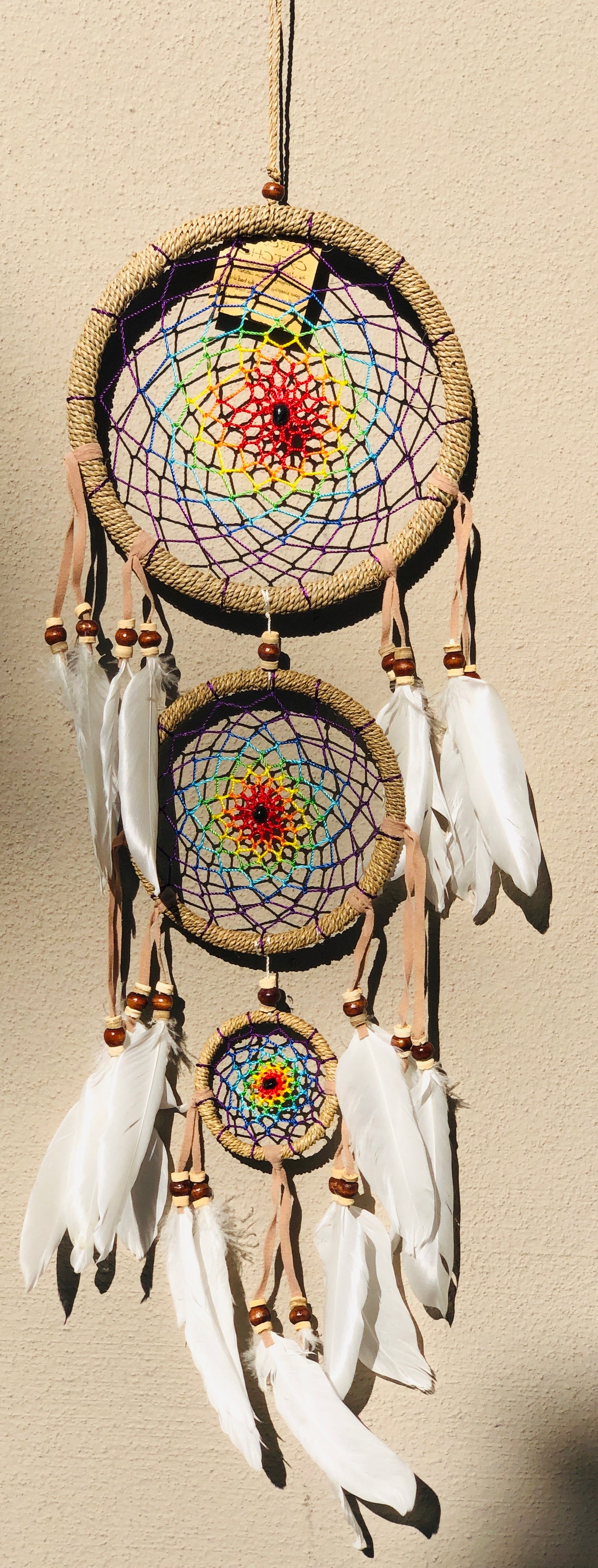 Rainbow Center Dream Catcher w/ Swan Feathers & Jute Braided Hoop | 3 Sizes