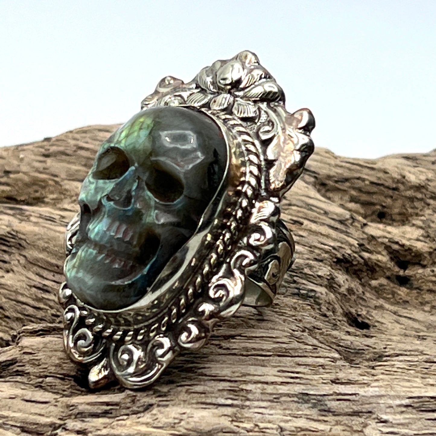 Carved Labradorite Skull Rings