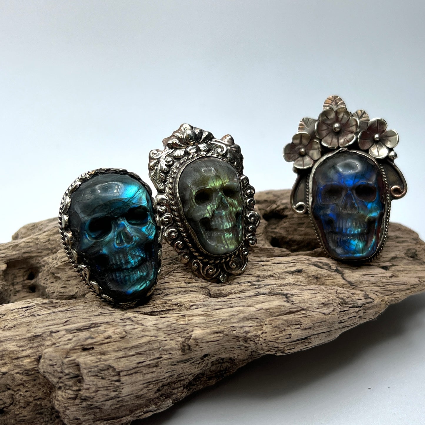 Carved Labradorite Skull Rings
